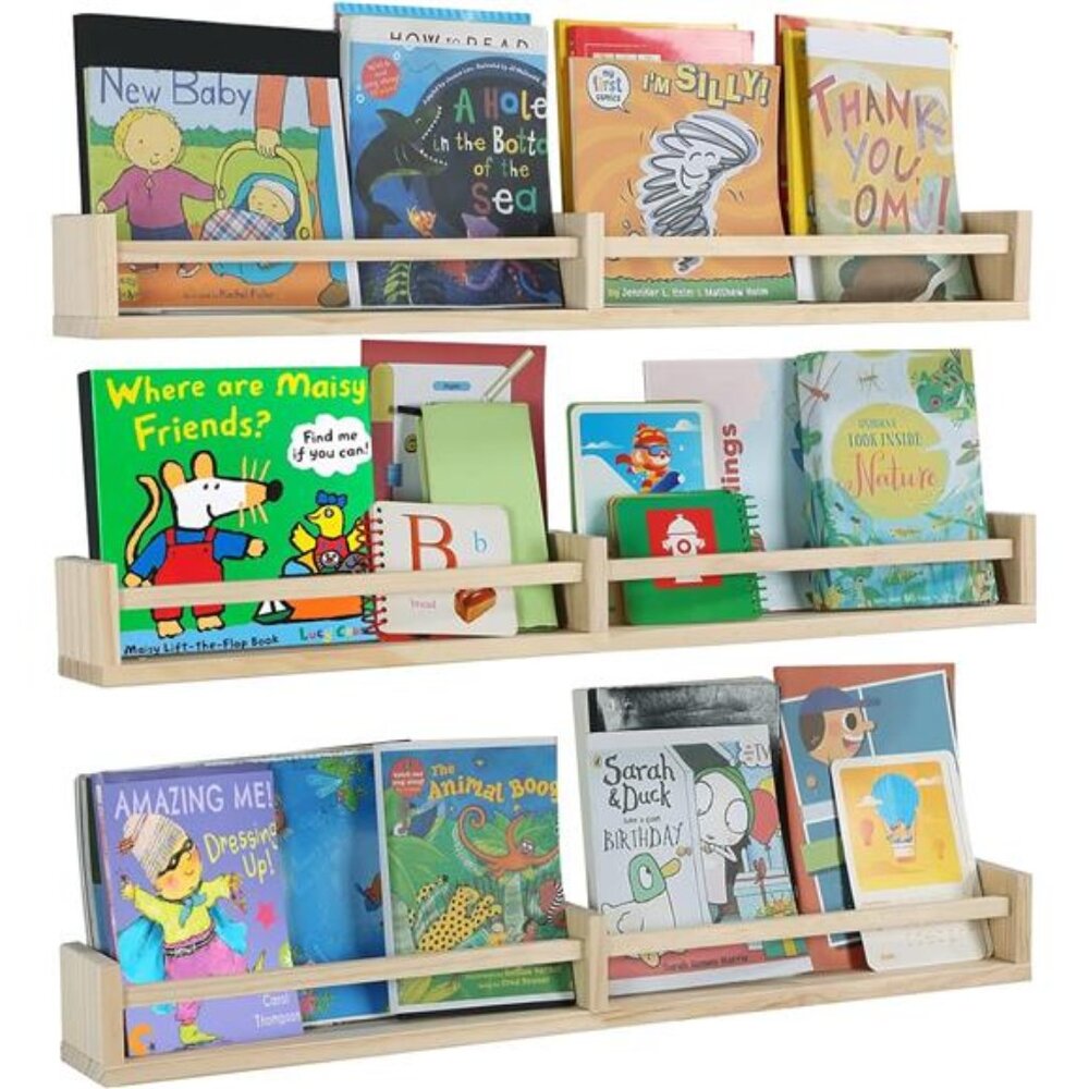 Nursery Bookshelves Wall Mounted，32inch，Set of 3, Wood Floating Wall Bookshelf